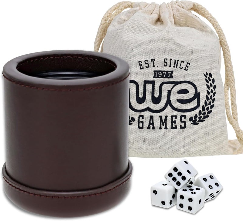 WE Games Professional, Handmade Dark Brown Leather Dice Cup Set - 5 Dice & Cloth Carry Bag - Image 1
